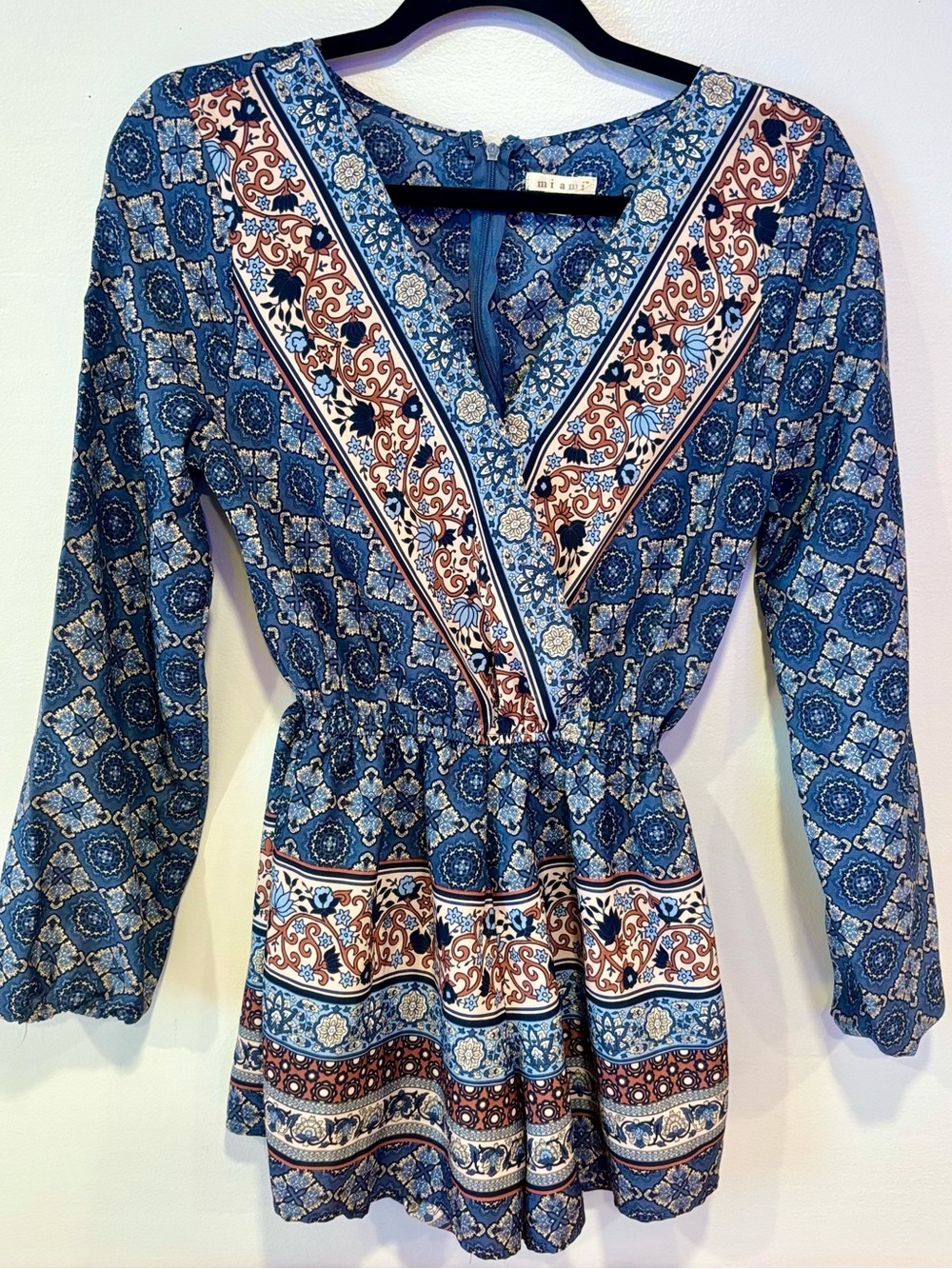 Mi Ami Francesca's Collection Blue Bohemian Paisley Long Sleeve Romper Small